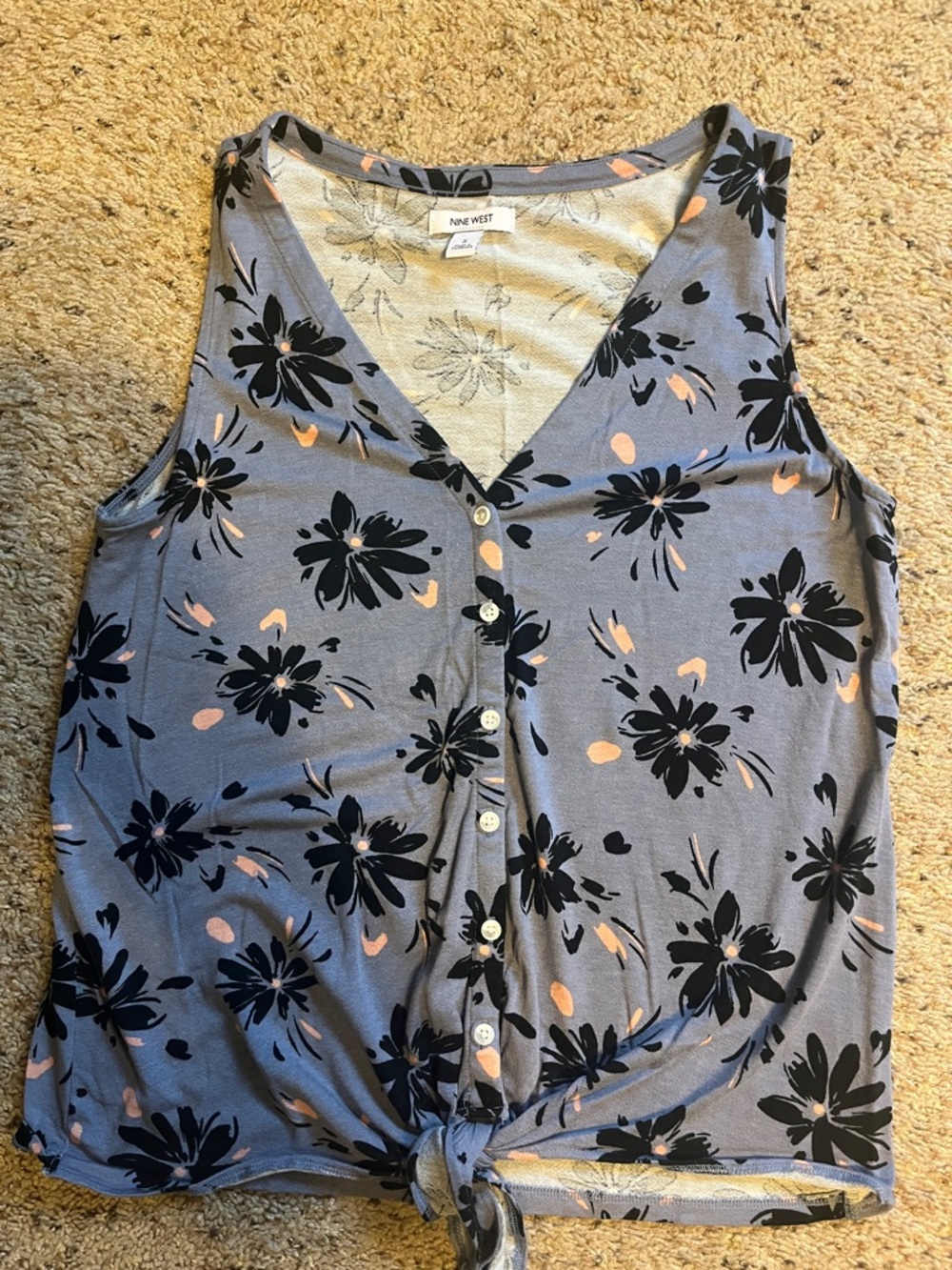 Nine West Blue Floral Button-Front Tie Hem Tank